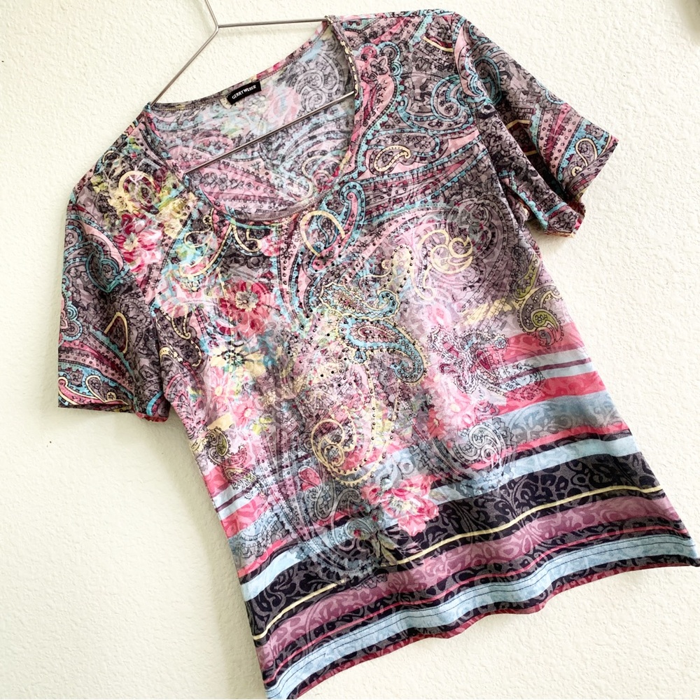 GERRY WEBER y2k vibes floral paisley beaded bejeweled tee shirt t-shirt top - Picture 1 of 8